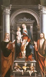 Madonna mit Kind, das eine Rose vom kleinen St. Johannes dem Täufer erhält, mit Heiligen und Engeln von M.B. (Monogramm)