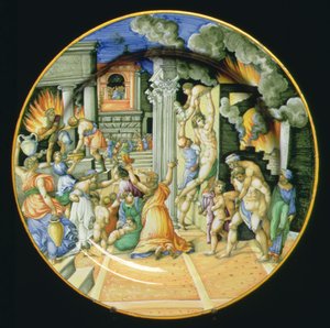 Majolikaplatte, die die Verbrennung von Troja darstellt, mit Aeneas, der seinen Vater Anchises auf dem Rücken trägt, und seinem Sohn Ascanius an seiner Seite, italienisch von Italian School