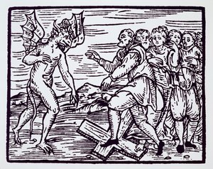 Männliche Hexe, die Christus verleugnet, Kopie einer Illustration aus Compendium Maleticarum von Fr M Guaccius, Mailand 1608, verwendet in Geschichte der Magie, veröffentlicht Ende des 19. Jahrhunderts