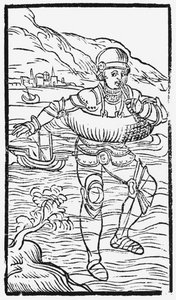 Mann mit Rettungsring, Illustration aus Historia de Gentibus Septentrionalibus von Olaus Magnus (1490-1558), veröffentlicht in Rom, 1555 von Italian School