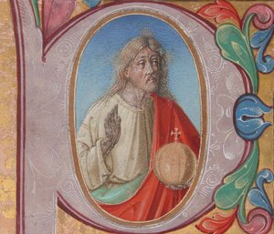 Manuskript-Illumination mit Salvator Mundi in einem Initial P, aus einem Chorbuch