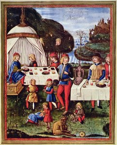 Maximilian Sforza als Kind beim Essen im Garten, Illustration aus einer Kopie von 