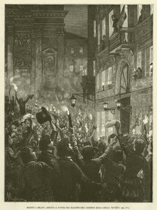 Mazzini in Mailand, spricht das Volk vom Balkon des Albergo della Bella Venezia an (Gravur) von Italian School