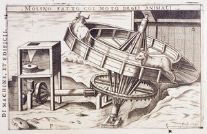 Mühle, die von Tieren angetrieben wird, Gravur Italien