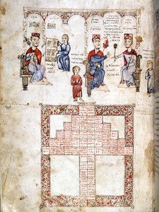 Miniaturseite von „Ecloga Legum“, Rechtsmanuskript aus dem Jahr 1175. Die dargestellten Charaktere sind von links nach rechts Justinian I. (482 - 565), Leo I. (457-474) und Konstantin I. der Große (270/288 - 337). Venedig, bibl. Marciana.