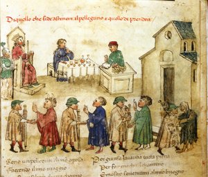 Verhaltensmodell der Pilger - in „Croniche del Sercambi“, ca. 1400. Nationalarchiv, Lucca