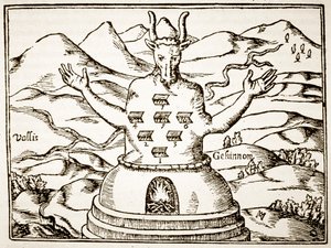 Moloch, Kopie einer Illustration aus Oedipus Aegyptiacus von Athanasius Kirchner, Rom 1652, verwendet in einer Geschichte der Magie, veröffentlicht Ende des 19. Jahrhunderts von Italian School