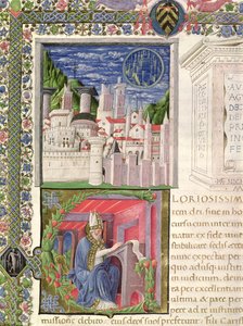 Ms 218 f.2r Blick auf Rom als Stadt Gottes und der heilige Augustinus beim Schreiben, aus 