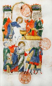 Ms 364 Jesus wäscht den Jüngern die Füße während des Letzten Abendmahls und der Kuss des Judas, aus dem Brevier von Monte Cassino