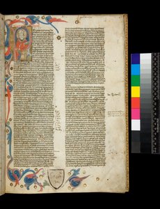 Ms 370. Orosius, Historiarum Adversum Paganos Libri Septem, f.2r. Illuminierte bewohnte Initiale [P], mit Porträt des Autors als Bischof gekleidet, und Teilrahmen mit Blattmotiven, Bologna oder Padua von Italian School
