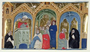 Ms. 400-2000: Miniatur aus Gratians Decretum, die einen Bischof zeigt, der einer Gemeinde predigt, ca. 1325-30