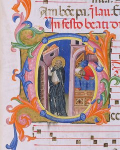 Historiierte Initiale G mit Darstellung des Hl. Dominikus, der die Kirche stützt, und dem Traum von Papst Honorius III. (1216-27) aus Psalter H aus San Marco e Cenacoli von Italian School