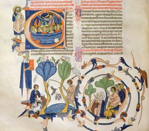 Ms 766 Christus spricht zu Engeln und Szenen des mittelalterlichen Alltagslebens (Landwirtschaft, Fischerei und Gebet, Miniaturen aus dem Liber Quatuor Sententiarum (Buch der Sätze) von Petrus Lombardus
