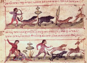 Ms Grec 479 Hirschjagd, Illustration aus der Cynegetica von Oppian