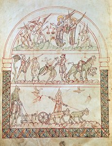 Ms. Plut. 12.17, c. 1b, Die irdische Stadt mit den Härten und Unglücken der Menschheit und das Urteil einer Seele, aus Die Stadt Gottes von St. Augustinus, 11.-12. Jahrhundert von Italian School