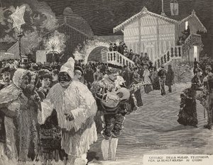 Musikkiosk zur Spendensammlung für Blinde, Pulcinella-Maske, Karneval in Neapel, Italien, Gravur nach Zeichnung von Matania, Gravur von Gamberoni aus L