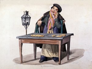 Neapel, Pizzaverkäufer. Gravur nach einem Gemälde von F. Palizza. Aus einem Werk von Francesco de Bourcard „Costumi del regno di Napoli“ von Italian School
