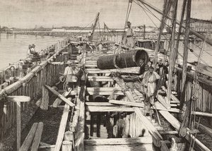 Neuer Aquädukt in Venedig, Verlegung des Kanals in der Lagune, Italien, Gravur nach einer Zeichnung von Riera, aus L