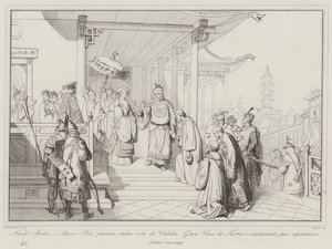 Nicolo Matteo und Marco Polo verlassen den Hof von Kubilai, dem Großkhan der westlichen Tataren, um in ihre Heimat zurückzukehren von Italian School