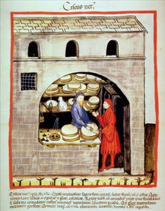 Nova 2644 fol.60v Verkauf von gereiftem Käse, aus Tacuinum Sanitatis
