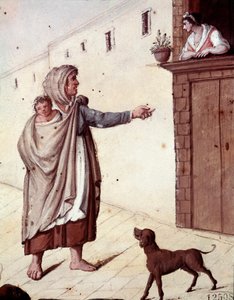 Alte neapolitanische Berufe: eine Bettlerin und ihr Kind in den Straßen von Neapel