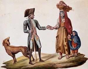 Alte neapolitanische Berufe: ein Adliger gibt einem Palmiscian eine Münze
