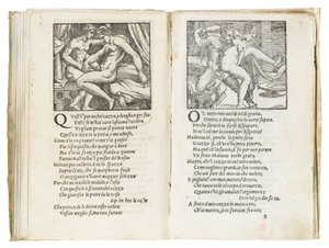 Seite aus "Sonetti Lussuriosi" von Pietro Aretino, illustriert von Giulio Romano und graviert von Marcantonio Raimondi, veröffentlicht in Venedig, ca. 1527