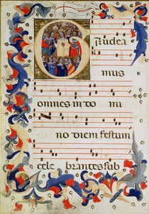Seite mit musikalischer Notation und einer historisierten Initiale G, die eine Gruppe von Heiligen mit St. Ursula in der Mitte zeigt, Bologneser Schule von Italian School