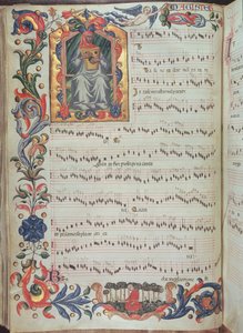 Seite mit musikalischer Notation und historisiertem Initial, aus dem Squarcialupi-Codex, produziert im Florentiner Kloster S. Maria degli Angeli