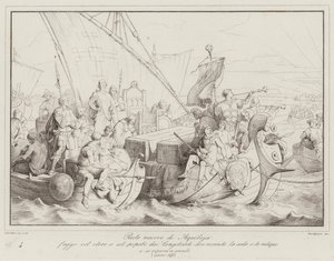 Bischof Paulus von Aquileja flieht mit dem Klerus und dem Volk vor den Langobarden und bringt den Sitz mit sich (Gravur) von Italian School