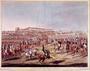 Parade der italienischen Kavallerie des Königreichs Italien. Drucke aus dem frühen 19. Jahrhundert