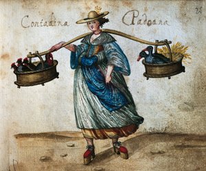 Bauer mit Hoftieren in Körben, Bäuerin aus Padua, Farbige Illustration aus dem 16. Jahrhundert von Italian School