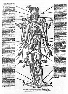 Tafel, die einen menschlichen Körper mit der Position aller Organe und den entsprechenden Tierkreiszeichen zeigt, die durch ihre astrologischen Einflüsse beeinflusst werden. Tafel aus „Recetoro di Galeno optio e probato a tutte le infirmita che accadeno a 