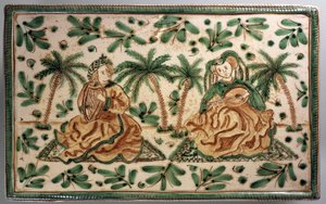 Teller mit Musikern im Palmengarten, Dekoration inspiriert von der Zeit Friedrichs II., dekorative Keramik, 30 cm, Alessi Herstellung, Caltagirone, Sizilien, Italien, 20. Jahrhundert von Italian School