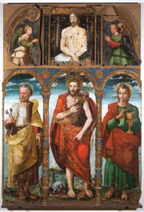 Polyptychon des Heiligen Johannes des Täufers mit dem Heiligen Petrus und dem Heiligen Johannes dem Evangelisten, erste Hälfte des 16. Jahrhunderts (Tempera auf Holztafel)