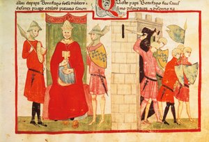 Papst Bonifatius VIII. in Anagni und die Vertreibung von Sciarra Colonna (Giacomo Colonna) aus der Stadt, Miniatur aus der Chronik von Giovanni Villani, Manuskript Chigi L VIII 296 folio 176 recto, Italien, 14. Jahrhundert von Italian School