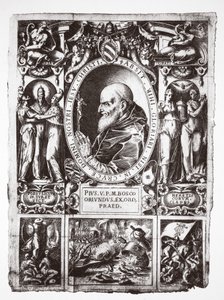 Papst Pius V., mit Vignetten der Schlacht von Lepanto, aus Vita del Gloriosissimo Papa Pio Quinto, veröffentlicht 1586