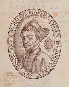 Porträt von Aurelio Marinati. Seite aus Somma di tutte le scienze von Italian School