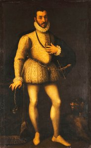 Porträt eines Gentlemans, Ganzfigur, in besticktem weißen Wams, mit Umhang und Schwert, ca. 1580 von Italian School