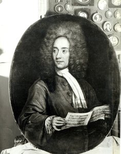 Porträt des Komponisten Tomaso Giovanni Albinoni (1671-1751) mit einer Musikpartitur von Italian School