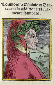 Porträt des italienischen Dichters Dante Alighieri (1265-1321). Gravur. Frontispiz von „Il convivio“ von 1554
