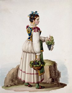 Porträt einer jungen Frau aus Capri in traditioneller Kleidung, Trauben haltend von Italian School