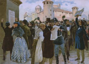 Verkündung der Ergebnisse des Plebiszits vom 4. März 1848 vor dem Palazzo Reale in Turin, Illustration aus einem Album zur Geschichte des Risorgimento für die Schokolade Talmone, späte 19. Jahrhundert von Italian School