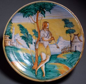 Renaissance-Kunst: Teller dekoriert mit einem Flötenspieler (Ein Flötenspieler) - Ende 16. Jahrhundert Produktion von Viterbo, Italien Florenz, Museo Nazionale del Bargello von Italian School