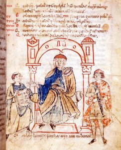Darstellung der Gräfin Mathilde von Canossa (oder Gräfin Mathilde von Toskana) (1046-1115). „Vitas mathildis“ von Donizone. Manuskript des 13. Jahrhunderts, Lucca, Bibl. Governativa