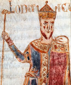 Darstellung von Ludwig I., genannt der Fromme (778-840), Sohn von Karl dem Großen. Miniatur aus dem „Codex Legum Longobardorum“ von Italian School