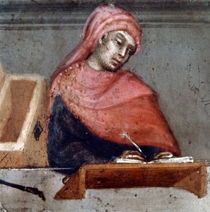 Darstellung eines Kämmerers Detail - der Beamte ist mit einem Liripion bedeckt - Anonymes Gemälde auf Holz einer Biccherna (Umschlag des Rechnungsregisters der Stadt Siena) 1388. Siena Archivio di Stato, Italien