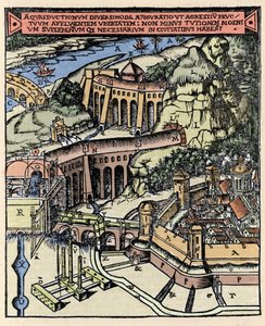 Darstellung eines Aquädukts. Farbige Gravur aus „De Architectura“ von Vitruv (1. Jahrhundert v. Chr.) - Ausgabe von Gottardo da Ponte, Como