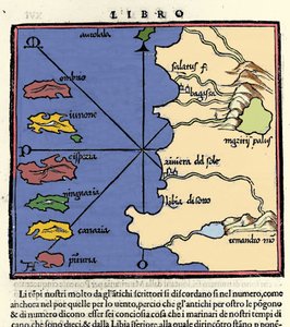 Darstellung der Kanarischen Inseln. Isolario (Inselkarte) von Benedetto Bordone. Venedig 1547