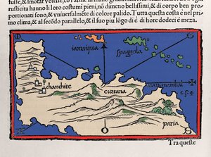 Darstellung der Karibischen Inseln und der Küsten Venezuelas. Isolario (Inselkarte) von Benedetto Bordone. Venedig 1547